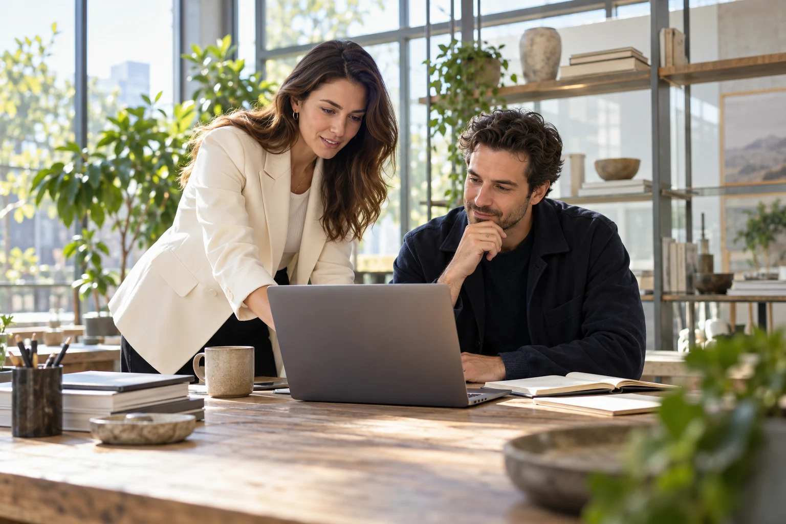 Two researchers working together in a bright studio