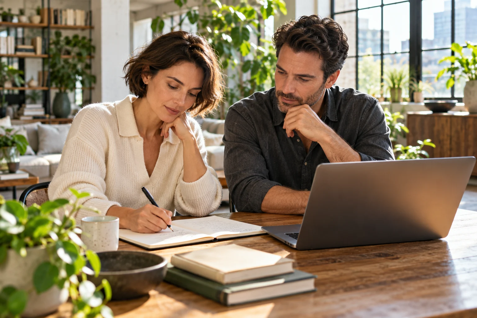 Two researchers working together in a bright studio