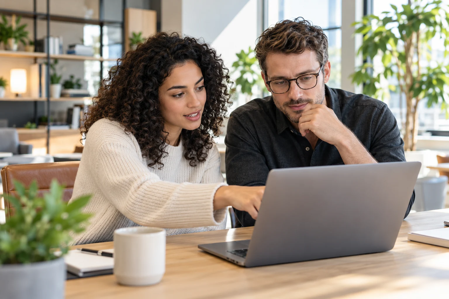 Two researchers working together in a bright studio