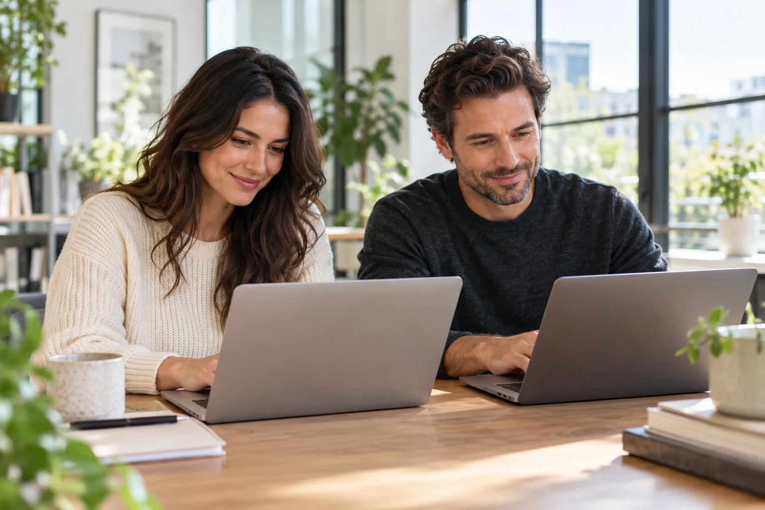 Two researchers working together in a bright studio
